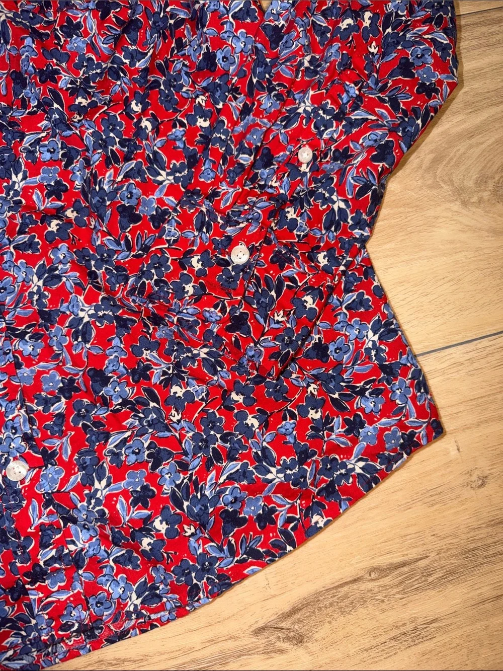 J. Crew Liberty Art floral shirt features a red and blue botanical print medium